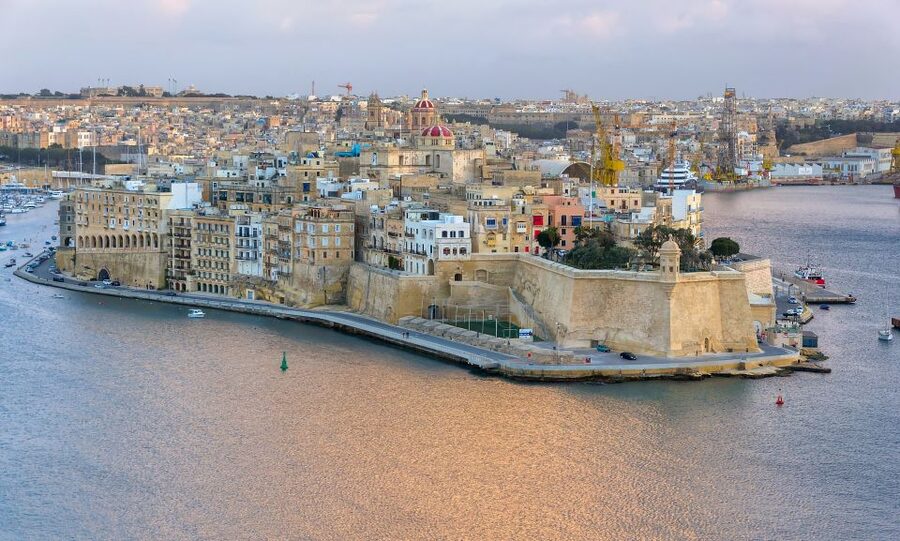 Valletta on its peninsula above the Grand Harbour, seen from the water