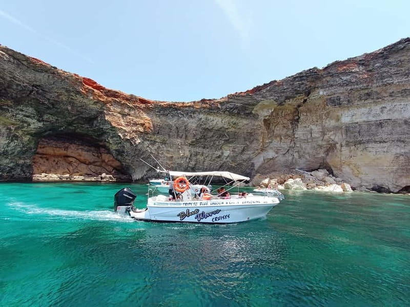 Mellieha: 1:00pm Speedboat round Comino Caves 2h Blue Lagoon - Leaving Marfa Bay on a fast boat